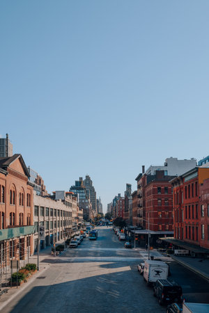 New York, USA - November 2021, 2022: View of West 14th Street from the Highline, a 1.45-mile-long elevated linear park, greenway and rail trail created on a former New York Central Railroad.のeditorial素材