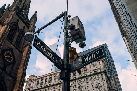 New York, USA - November 25, 2022: NYPD camera above street name signs on the corner of Broadway and Wall Streets., one of over 15,000 NYPD surveillance cameras in Manhattan, Brooklyn and the Bronx.のeditorial素材