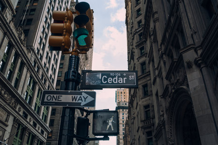 New York, USA - November 25, 2022: Street name sign on Cedar Street in Financial District, the city's financial heart and a home to Wall Street.のeditorial素材