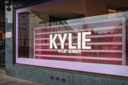London, UK - February 21, 2023: View from the street of Kylie Cosmetics sign in the window of Harrods, a famous department store located on Brompton Road in Knightsbridge, London.のeditorial素材