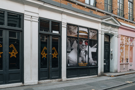 London, UK - April 13, 2023: Exterior of Elton John Eyewear pop up store on Greek Street in Soho, an area of London famous for retail and LGBTQ+ bars and restaurant.のeditorial素材