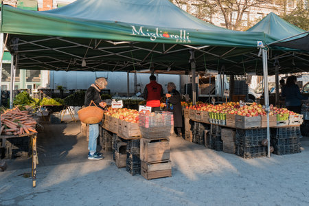 November 23, 2022 - New York, USA: Migliorelli stall at the Grow NYC Union Square Greenmarket, a year-round farmer's market with various farm and small batch food producers.のeditorial素材