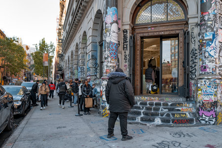 November 23, 2022 - New York, USA: Queue outside Supreme store on Bowery in New York. Supreme, is a legendary skateboarding clothes company, relocated NYC store from Lafayette to Bowery in 2019.のeditorial素材