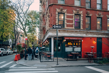 November 23, 2022 - New York, USA: Exterior of Sant Ambroeus, an exquisite Italian restaurant in West Village, a neighbourhood in Manhattan with an old-school residential feel.のeditorial素材