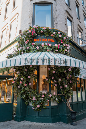 November 23, 2022 - New York, USA: Exterior of Jack's Wife Freda, an all-day bistro famous for its breakfasts and brunches, on Lafayette Street in Manhattan.のeditorial素材