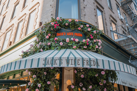 November 23, 2022 - New York, USA: Exterior of Jack's Wife Freda, an all-day bistro famous for its breakfasts and brunches, on Lafayette Street in Manhattan.のeditorial素材