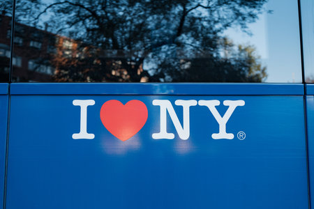 November 23, 2022 - New York, USA: I Love NY sign on a New York City Bus in Manhattan. MTA buses cover most routes within the City of New York.のeditorial素材