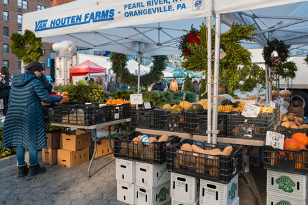 November 23, 2022 - New York, USA: Van Houten Farms stand at the Grow NYC Union Square Greenmarket, a year-round farmers market with various farm and small batch food producers.のeditorial素材