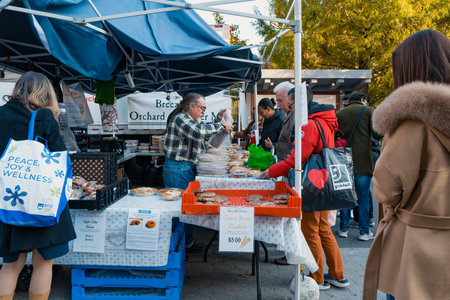 November 23, 2022 - New York, USA: Breezy Hill Orchard stall at the Grow NYC Union Square Greenmarket, a year-round farmers market with various farm and small batch food producers.のeditorial素材