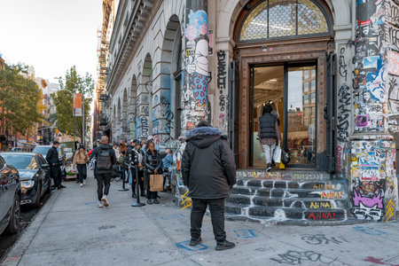 November 23, 2022 - New York, USA: Queue outside Supreme store on Bowery in New York. Supreme, is a legendary skateboarding clothes company, relocated NYC store from Lafayette to Bowery in 2019.のeditorial素材