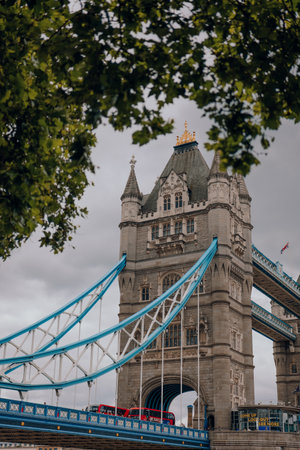 London, UK - July 06, 2023: View of the Tower Bridge through the trees on North bank of the River Thames. Tower Bridge is often mistaken for London Bridge, the next bridge upstream.のeditorial素材