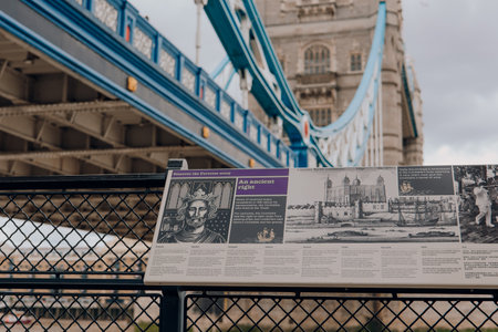 London, UK - July 06, 2023: Sign showcasing the Tower of London history, Tower Bridge on the background. Tower of London and tower Bridge are one of the most popular landmarks in London.のeditorial素材