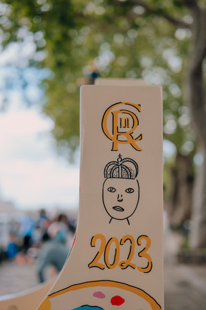 London, UK - July 06, 2023: Close up of one of the winning benches the Tower of London schools coronation competition. Fifteen winners were selected from more than 1,500 entries.のeditorial素材