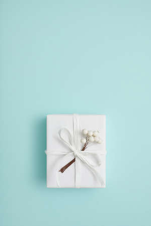 One gift box wrapped in white paper and decorated with bow and berries on blue background. Top view,...