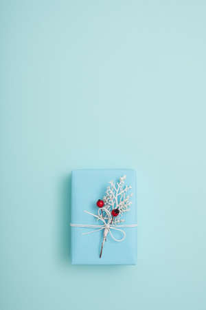One gift box wrapped in blue paper and decorated with bow and red berries. Top view, flat lay, copy space.の写真素材