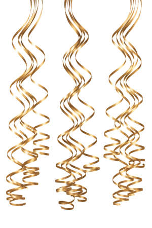 Golden festive curling serpentine streamers isolated on white backgroundの写真素材