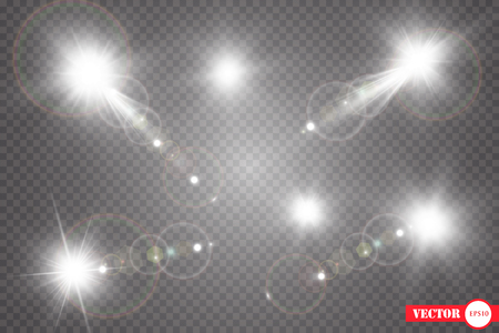 Set. Shining star, the sun particles and sparks with a highlight effect, golden bokeh lights glitter and sequins. On a dark background transparent. Vector, EPS10のイラスト素材