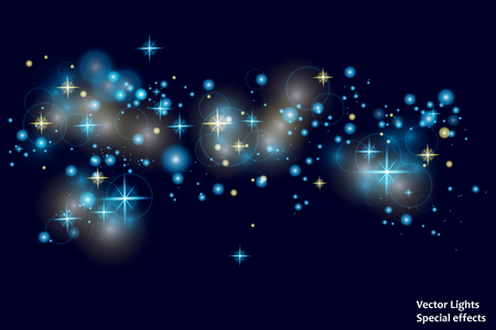 blue sparks and stars glitter special light effect. Sparkling magic dust particles.Light flare special effect with rays of light and magic sparkles. Glow transparent vector, explosion, glitter.のイラスト素材