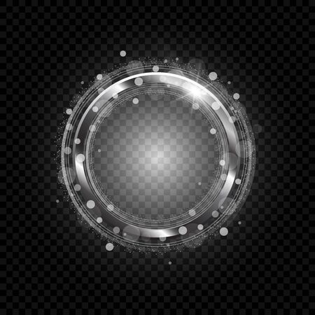 Vector silver frame with lights effects. Shining circle banner. Isolated on transparent background. Vector illustration, eps 10のイラスト素材