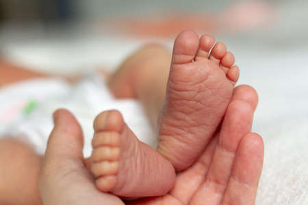 Newborn baby feet in parents handの写真素材