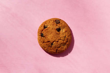 One oatmeal cookie with raisins on a pink backgroundの写真素材