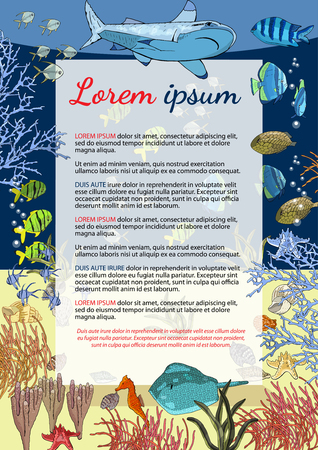 Underwater banner with exotic fish, seahorses, coral on black. Hand drawn vectorのイラスト素材