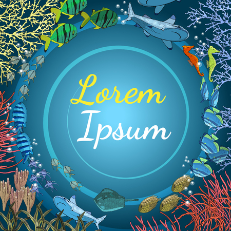 Underwater banner with exotic fish, seahorses, sharks, starfish, coral, Stingray. Hand drawn vectorのイラスト素材