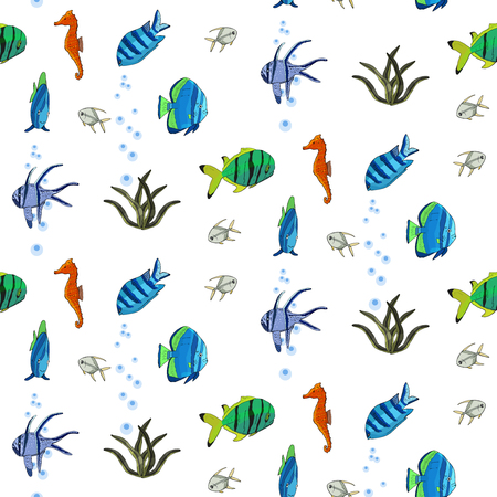 Underwater seamless pattern with exotic fish, seahorses, coral on black. Hand drawn vectorのイラスト素材