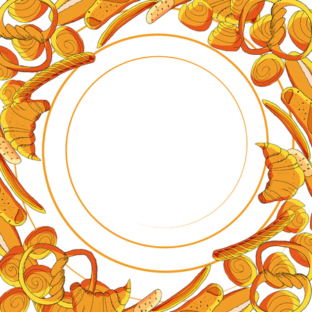 Vector bakery hand drawn illustration. Template with bread and pastry. For your design, announcements, postcards, posters, restaurant menuのイラスト素材