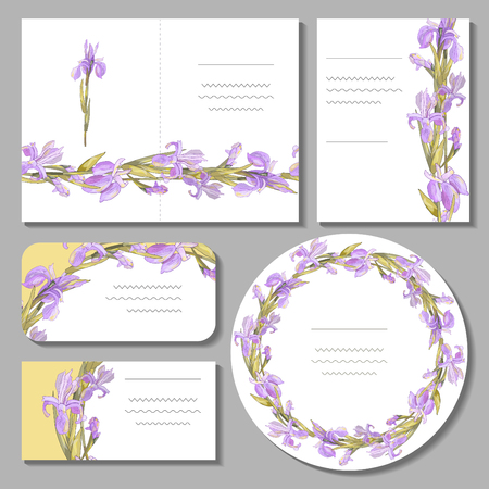 Set with floral romantic templates. Irises. For design gift boxes, announcements, postcards, posters, invitations, visit card.のイラスト素材