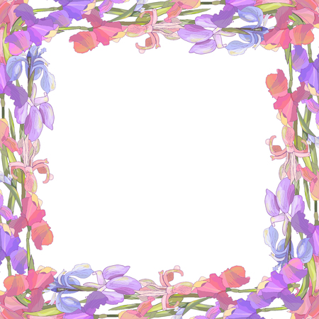 Square season wreath with irises isolated on white. For design gift boxes, announcements, postcards, posters, invitationsのイラスト素材