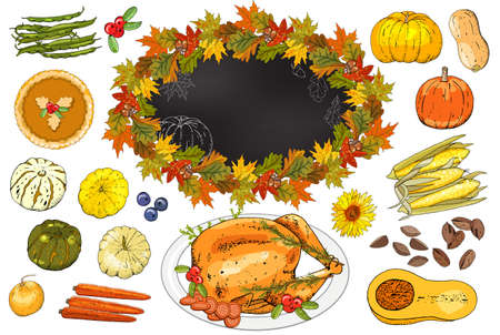 Autumn set of elements with thanksgiving symbolsのイラスト素材