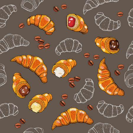Seamless dark background with croissants and coffee beans.のイラスト素材