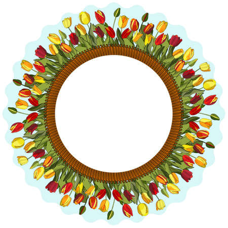 Flower wreath with tulips isolated on white. Round frame for design of invitations, cards, gift boxes.のイラスト素材