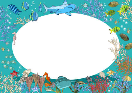 Underwater seamless pattern with exotic fish, seahorses, coral on black. Hand drawn vector.のイラスト素材