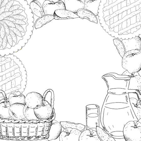 Set of apples, apple slices, apple pies, apple juice jug, basket of harvest, glass on a white background. Hand drawn food illustration.のイラスト素材