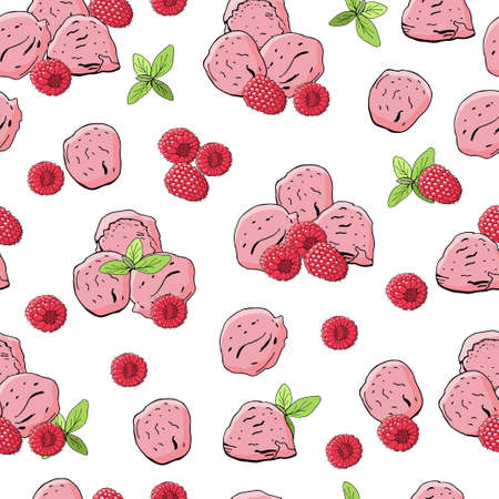 Set of seamless ice cream borders. Colorful ice cream balls with berries and nuts.のイラスト素材