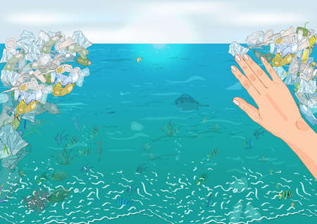 Environmental disaster of plastic debris in the ocean. The concept of ecology and World Cleanup Day.のイラスト素材