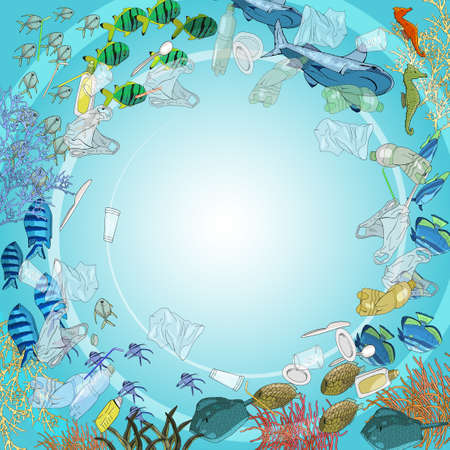 Environmental disaster of plastic debris in the ocean. Garbage, trash bags and rake on the coast. The concept of ecology and World Cleanup Day.のイラスト素材