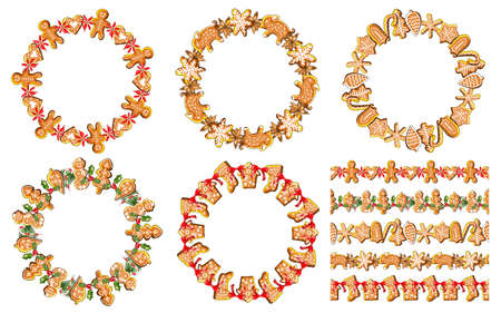 Vector festive template isolated on white background. Set of endless wreathes and garlands. Gingerbreads and New year and Christmas symbols.のイラスト素材