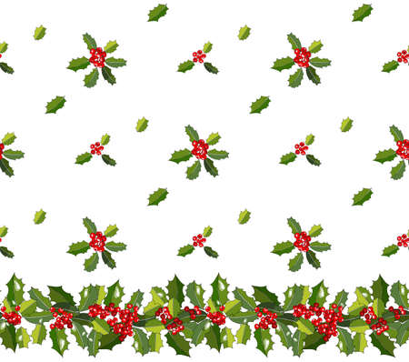 Vector seamless pattern with holly. Traditional Christmas and New Year symbol. Endless horizontal pattern brush. Hand draw texture for your festive fabric, wallpaper, textile, cloth, decoration, greeting cards, posters, invitations, advertisement.のイラスト素材
