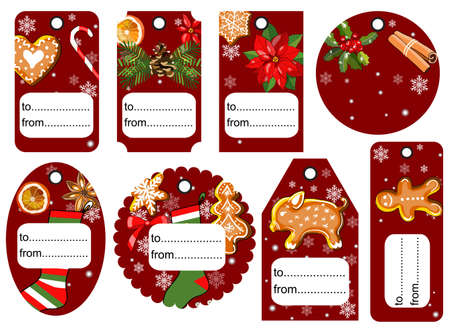 Set of Christmas and New Year tags. Blank and as a gift for a present. Paper festive labels. Flat design. Vector seasonal badge design. The pig symbol of the new 2019 year.のイラスト素材