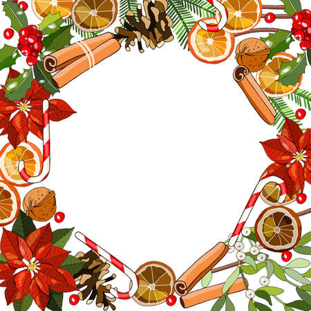 Square greeting card with traditional Christmas symbols. Red, beige and green color.Traditional template for festive design, invitations, posters.のイラスト素材