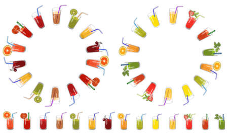 Natural juice round templates. Vector hand drawn illustration for your design, announcements, cards, posters, restaurant menu.のイラスト素材