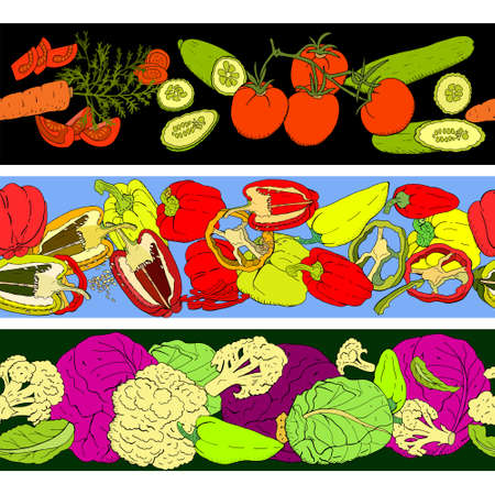 Set of seamless pattern brushes with different vegetables. Horizontal borders for your design, announcements, restaurant and cafe menu.のイラスト素材