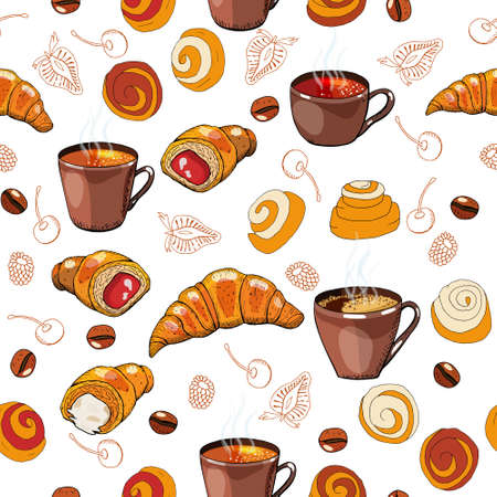 Seamless pattern. Coffee and tea cups, coffee beans, croissants and buns, contours of berries drawing on a white background. Drink and pastry.のイラスト素材