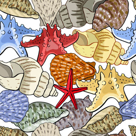 Seamless pattern with seashells. Vector hand drawn illustration. Excellent print for greeting cards, clothes, fabric, gift box.のイラスト素材