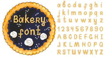 English pastry alphabet abc and sweet blueberry pie. Alphabetical set in bakery style. Hand drawn vector font. National Pie Day Vector Illustration.のイラスト素材