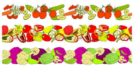 Vector seamless pattern with different fresh vegetables isolate on white. Hand drawn endless texture...