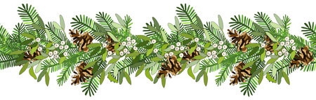 Vector seamles border wreath with mistletoe, fir cone, spruce branches isolated on white. For festive decoration, announcements, cards, invitations, posters.のイラスト素材